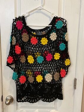 Venice Blue Black Crochet Colorful Flowers Sweater Top - ONE SIZE - NWT